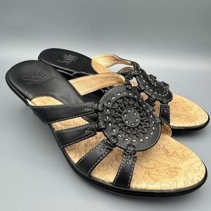 SOFFT‎ WOMEN'S SLIDES SANDALS BLACK LEATHER CUTOUT WEDGE HEEL SLIP ON, 7M